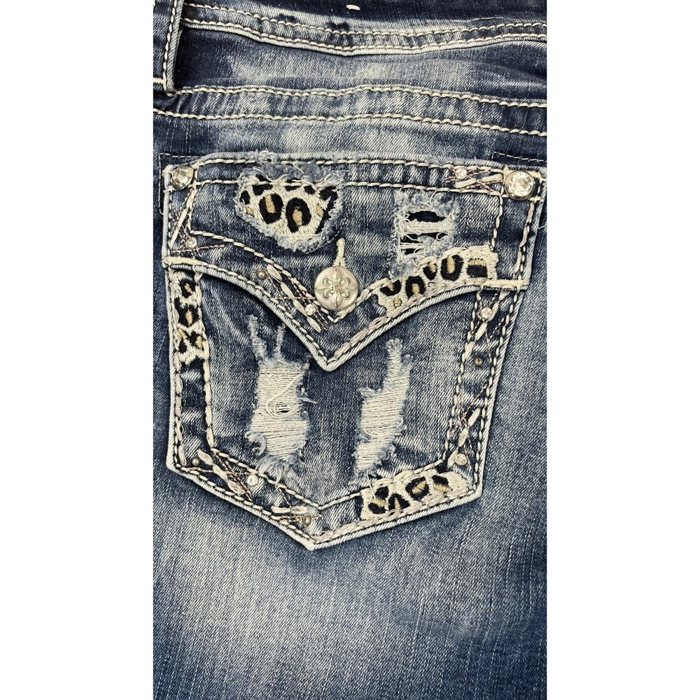 Miss Me Curvy Crop Denim Jeans Size 31 Distressed Leopard Blingy Pockets - Picture 12 of 13